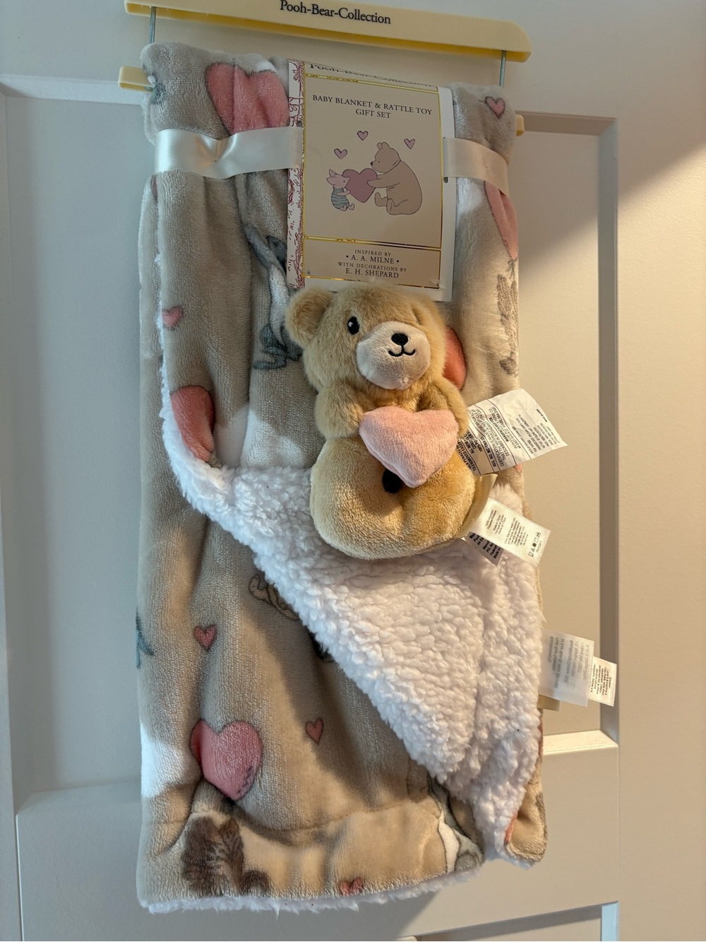 Disney Beige & Pink Plush Bear Sherpa Baby Blanket Gift Set